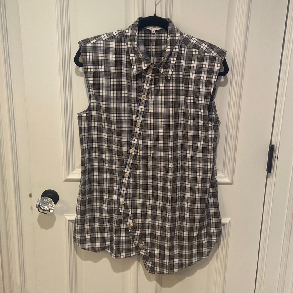 NWT Tibi Plaid Sleeveless Shoulderpad Shirt